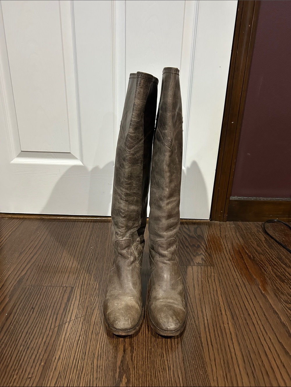 Frye Tall Leather Over-the-Knee Taupe Jane wood heeled boots sz 9